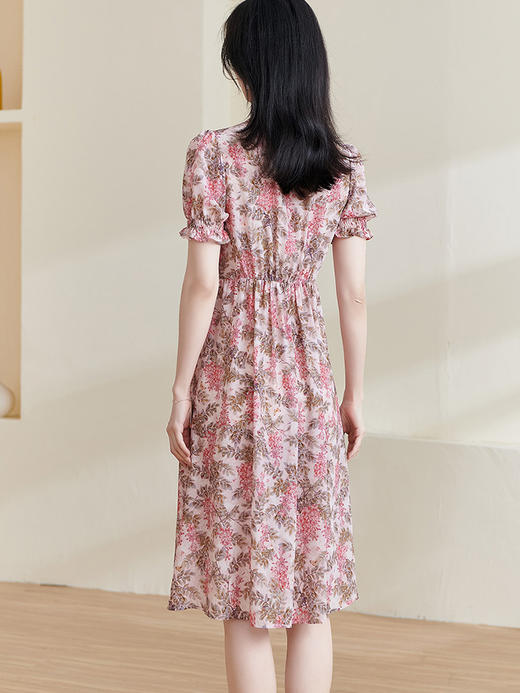 剩S 米思阳2025夏季新款知性优雅粉色碎花连衣裙显瘦短袖V领A字裙1331 商品图1