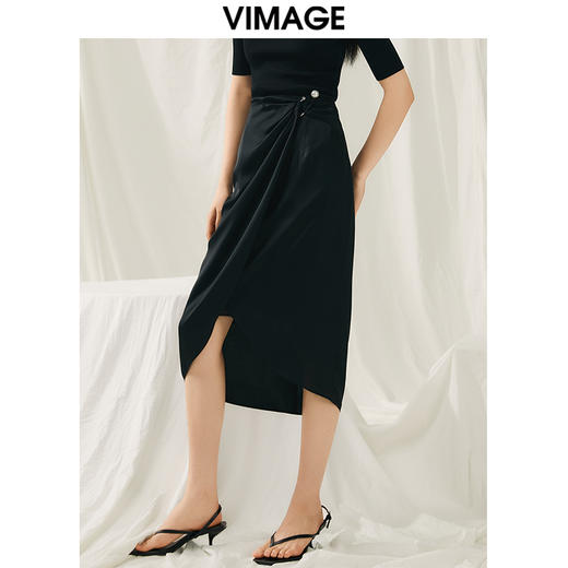 VIMAGE纬漫纪夏季新品高腰纯色显瘦设计小众褶皱半裙V1906528 商品图2