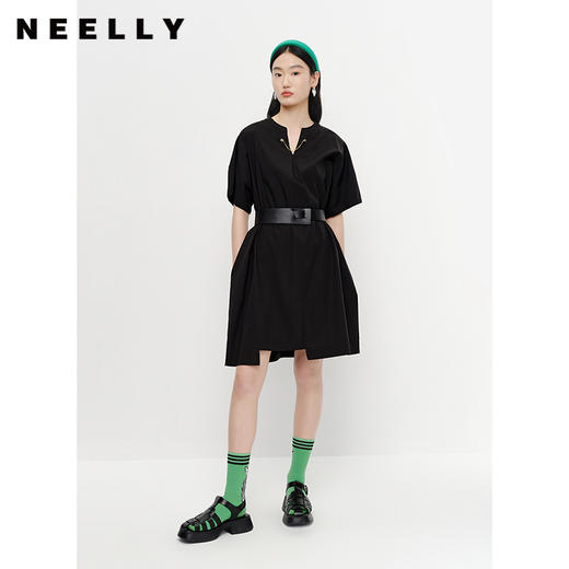 NEELLY纳俪气质V领连衣裙女系带收腰A字裙中长款薄款套头裙子时尚N23041Y01021 商品图1