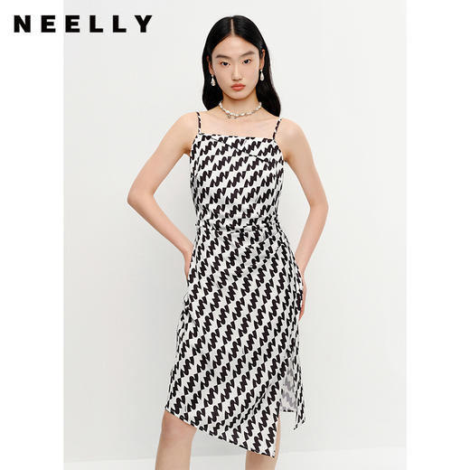 NEELLY纳俪连衣裙女中长款吊带A字裙褶皱收腰显瘦下开叉裙子时尚N23041Y01020 商品图2