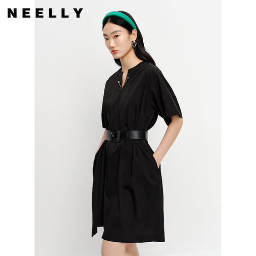 NEELLY纳俪气质V领连衣裙女系带收腰A字裙中长款薄款套头裙子时尚N23041Y01021 商品图2