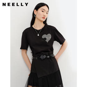 NEELLY纳俪夏季新款黑色圆领T恤女时尚套装不规则纱裙百搭显瘦N23041Z01014