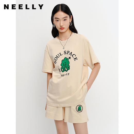NEELLY纳俪短袖圆领字母印花T恤女宽松休闲上衣时尚套餐短裤夏季N23041z01013 商品图0