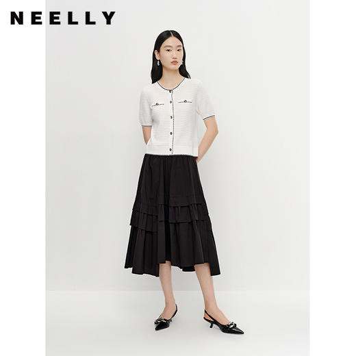 NEELLY纳俪夏季新款短袖圆领单排扣针织开衫女宽松简约气质上衣N23041A01003 商品图1