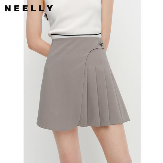 NEELLY纳俪夏季新款高腰半身裙女显瘦百褶裙减龄A字裙短款小个子N23041E01026 商品图3