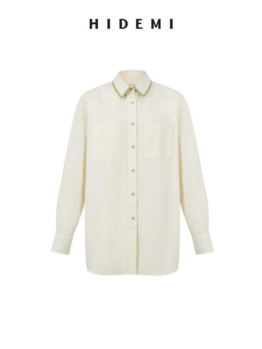 HIDEMI极简设计感白色牛油果绿镶嵌拼色款口袋廓形衬衫 商品图12