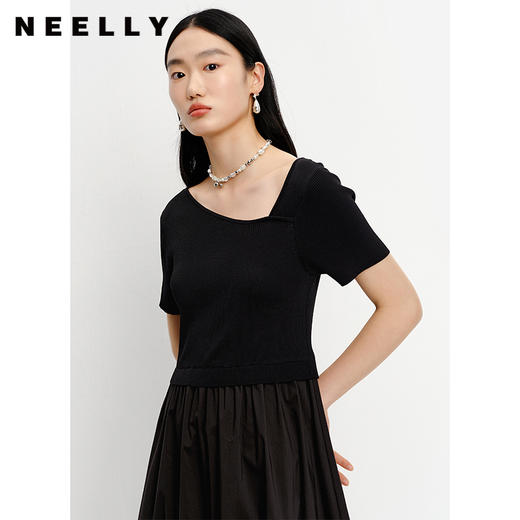 NEELLY纳俪商场同款夏季针织拼接短袖连衣裙女中长款个*摆裙N23041Y01023 商品图3