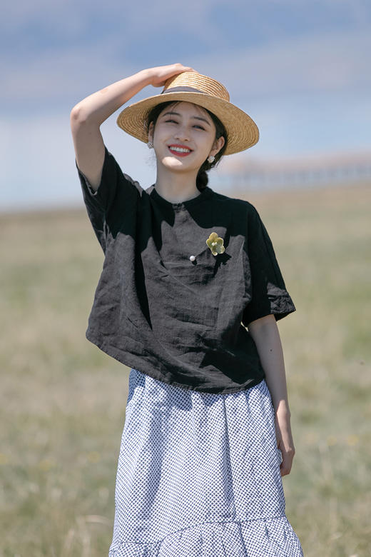 绽放346-595朵春季新款复古黑色立领短袖亚麻衬衫T恤文艺小衫上衣 商品图5