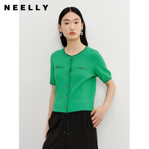 NEELLY纳俪夏季新款短袖圆领单排扣针织开衫女宽松简约气质上衣N23041A01003 商品图2