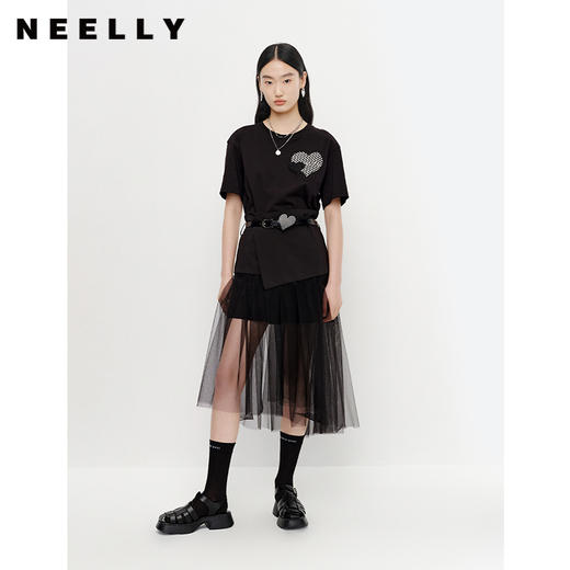 NEELLY纳俪夏季新款黑色圆领T恤女时尚套装不规则纱裙百搭显瘦N23041Z01014 商品图1
