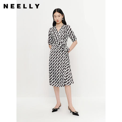 NEELLY纳俪气质连衣裙女中长款短袖系带收腰A字裙夏季新款百搭N23041Y01019 商品图1