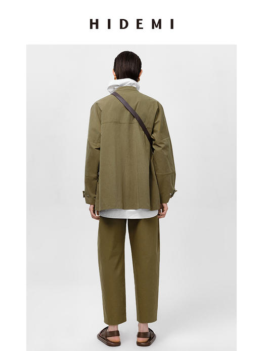 HIDEMI 军绿色双褶中高腰斜纹水洗棉锥型裤 商品图9