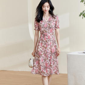剩S 米思阳2025夏季新款知性优雅粉色碎花连衣裙显瘦短袖V领A字裙1331