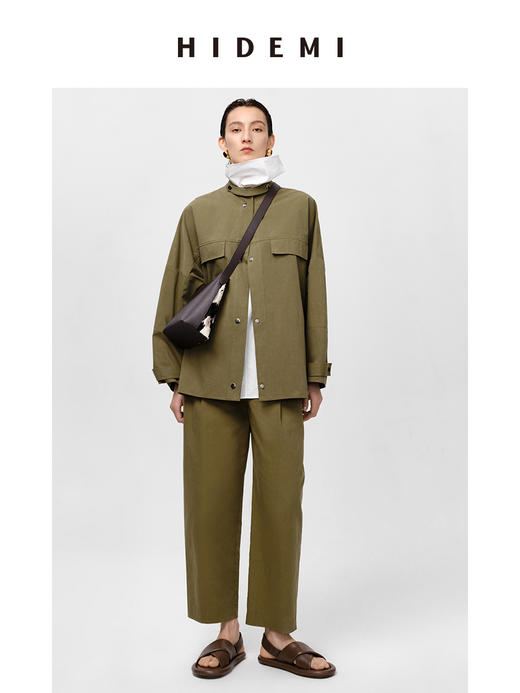HIDEMI 军绿色双褶中高腰斜纹水洗棉锥型裤 商品图4