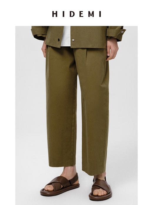 HIDEMI 军绿色双褶中高腰斜纹水洗棉锥型裤 商品图2