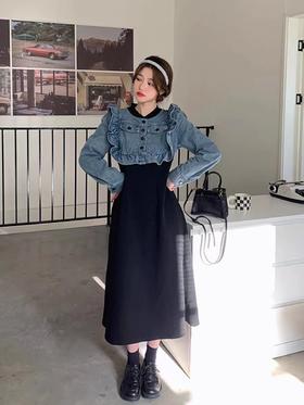 【GZ】无忧购小香风设计感牛仔拼接收腰显瘦气质连衣裙2291（截单后7天发货)25年清仓捡漏