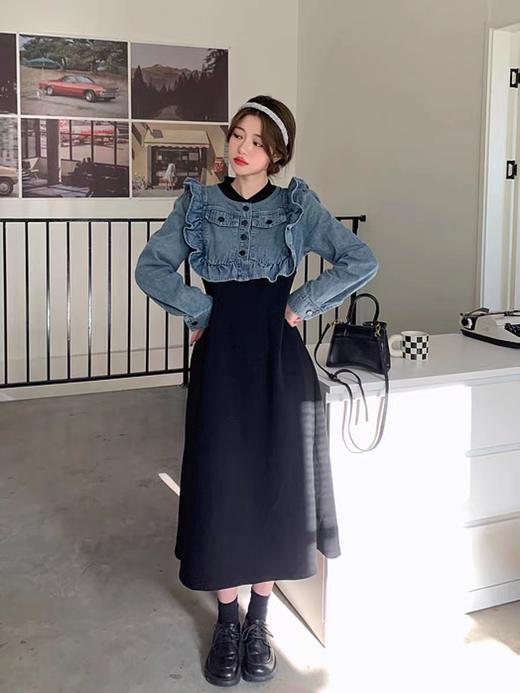 【GZ】无忧购小香风设计感牛仔拼接收腰显瘦气质连衣裙2291（截单后7天发货)25年清仓捡漏 商品图0