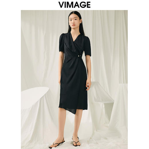 VIMAGE纬漫纪夏季新品V领高腰显瘦气质连衣裙V1907536 商品图1