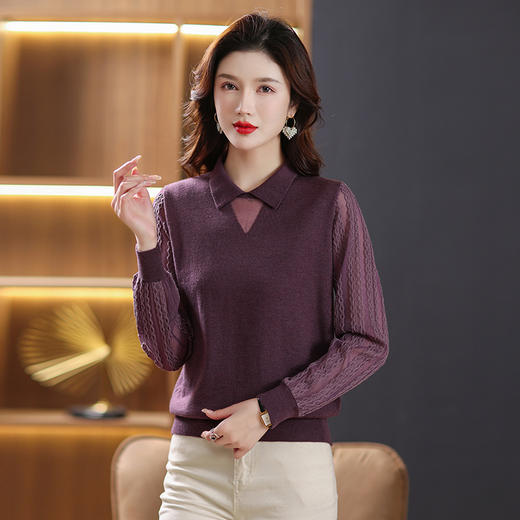 QY YM6975娃娃领镂空针织衫洋气纯色宽松上衣 商品图2