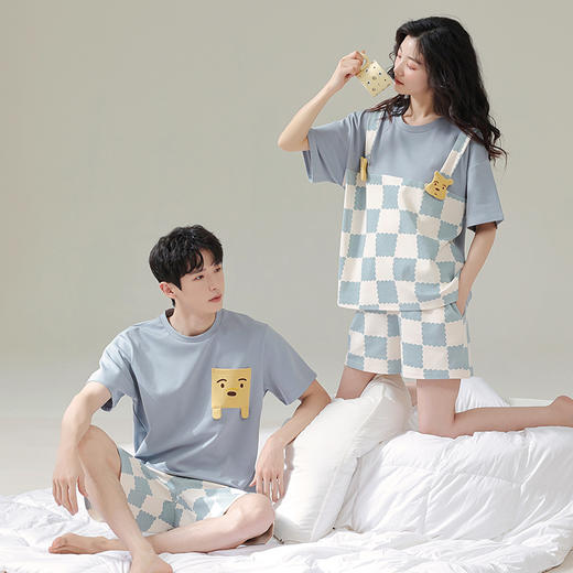 可人儿夏季情侣纯棉睡衣女韩版卡通休闲大码外穿短袖男家居服套装 商品图1