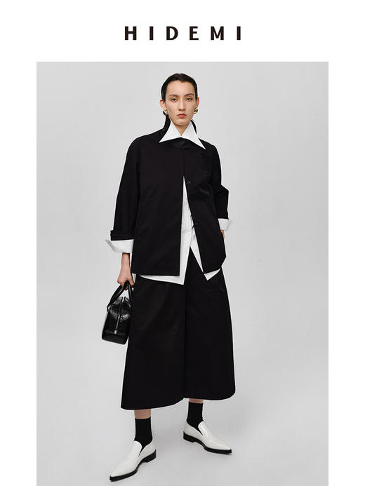 HIDEMI高密自然棉翻领短款风衣套装 外套/阔腿裤 黑色 海鸥灰绿 商品图0