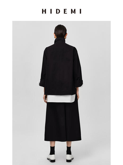 HIDEMI高密自然棉翻领短款风衣套装 外套/阔腿裤 黑色 海鸥灰绿 商品图4