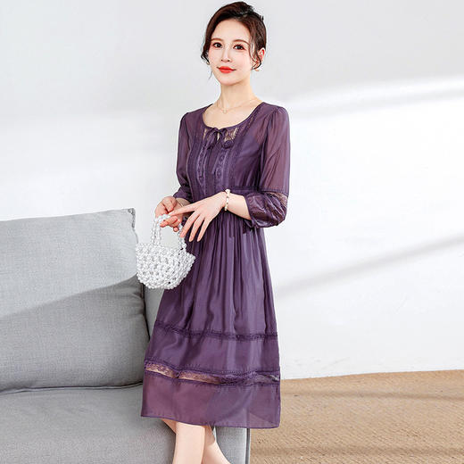 纯色薄款中长裙，蕾丝网纱拼结裙A字裙七分中袖连衣裙QYM-TYH-PD2227-Y 商品图1