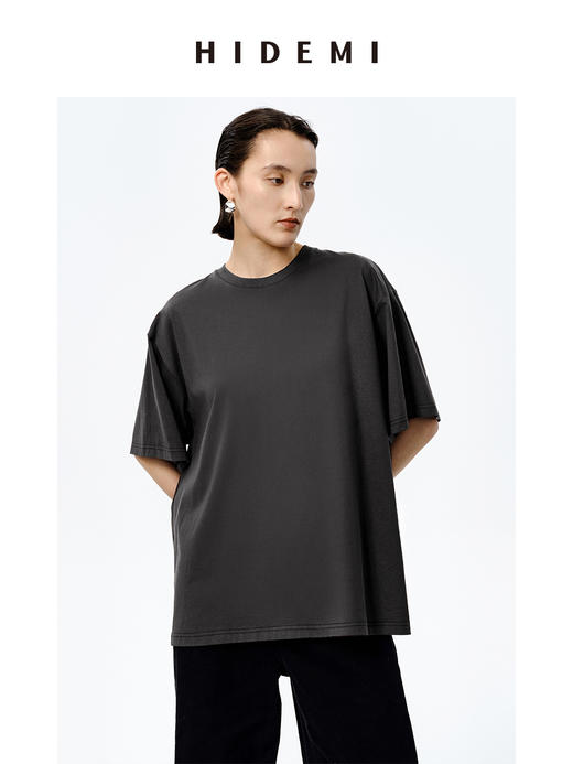 HIDEMI 自然棉系列廓形宽松短袖T恤 白色/深灰/豆乳色/巧克力色 商品图12