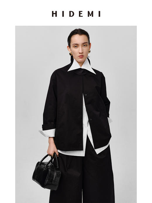 HIDEMI高密自然棉翻领短款风衣套装 外套/阔腿裤 黑色 海鸥灰绿 商品图1
