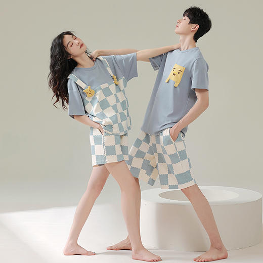 可人儿夏季情侣纯棉睡衣女韩版卡通休闲大码外穿短袖男家居服套装 商品图5