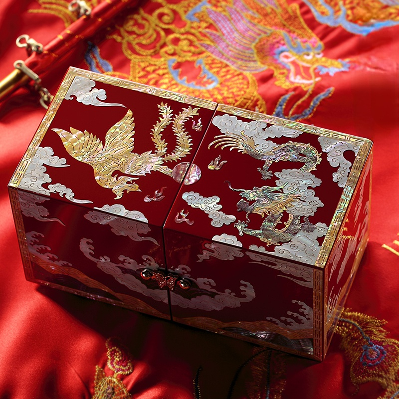 非遗螺钿「龙凤呈祥」对开首饰盒 匠心手作 漆器复古收纳盒 结婚礼物