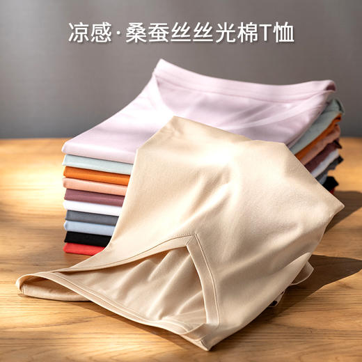 桑蚕丝黑科技凉感丝光棉纯色圆领短袖简约、显瘦V领T恤 商品图1