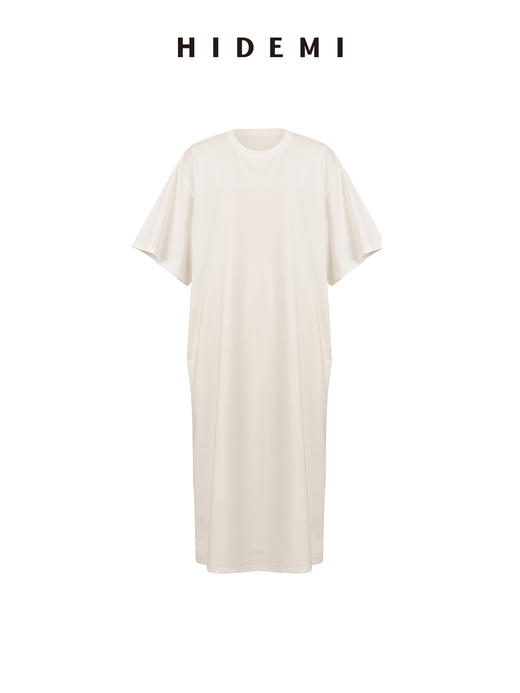 HIDEMI 自然棉系列廓形宽松短袖T恤长款连身裙 白色/深灰/豆乳色/巧克力色 商品图14
