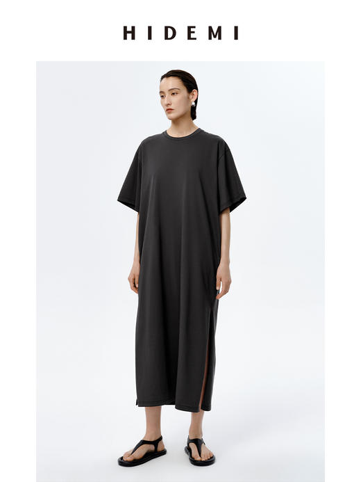 HIDEMI 自然棉系列廓形宽松短袖T恤长款连身裙 白色/深灰/豆乳色/巧克力色 商品图8