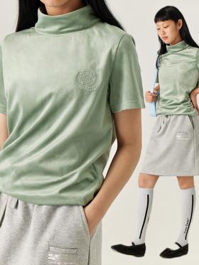 
cryingcenter 豆蔻绿刺绣光泽高领短袖丝绒修身正肩tee