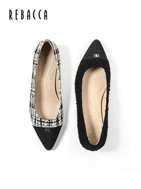 2楼瑞贝卡春款浅口粗跟拼接女鞋32JI0509