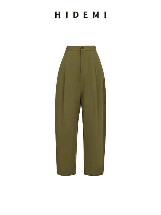 HIDEMI 军绿色双褶中高腰斜纹水洗棉锥型裤 商品图10