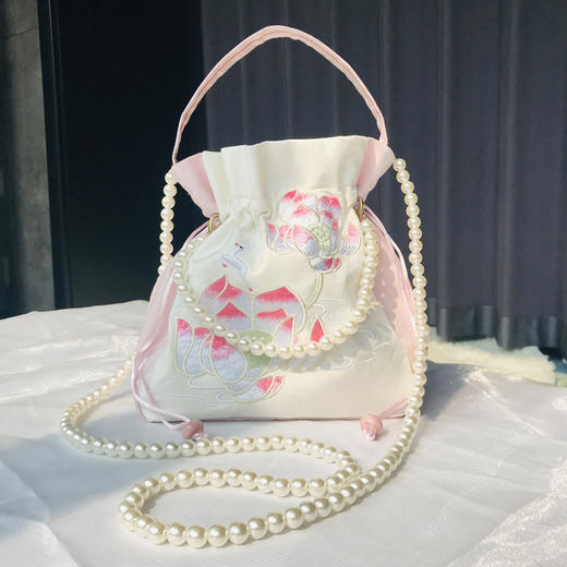 闪光汉服包古风斜跨手提包珍珠刺绣包包中国风抽绳手提布包 商品图1