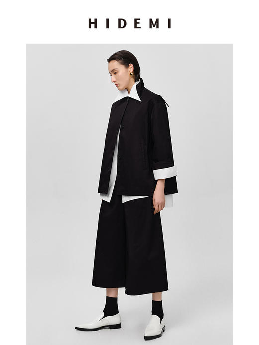 HIDEMI高密自然棉翻领短款风衣套装 外套/阔腿裤 黑色 海鸥灰绿 商品图3