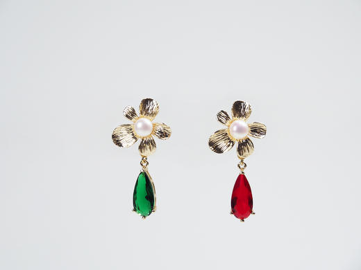 珍珠耳钉 金色五瓣花镶白珠坠红绿水滴 商品图2