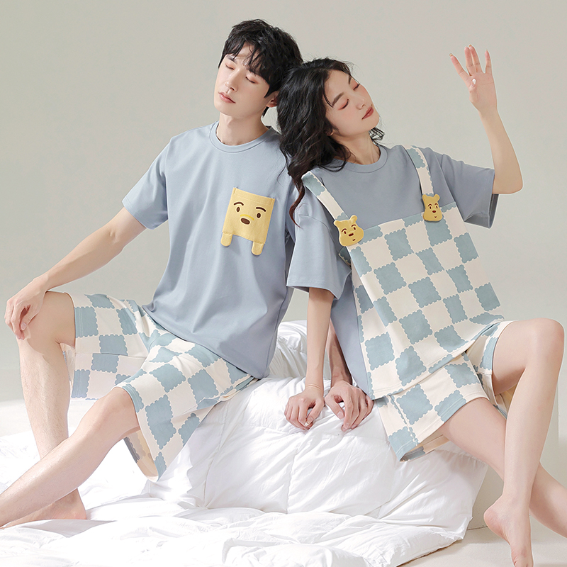 可人儿夏季情侣纯棉睡衣女韩版卡通休闲大码外穿短袖男家居服套装