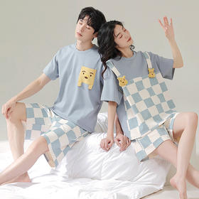 可人儿夏季情侣纯棉睡衣女韩版卡通休闲大码外穿短袖男家居服套装