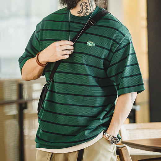 工装优选 日系复古细条纹撞色短袖T恤cityboy圆领宽松半袖tee男夏 商品图4