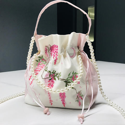 闪光汉服包古风斜跨手提包珍珠刺绣包包中国风抽绳手提布包 商品图3