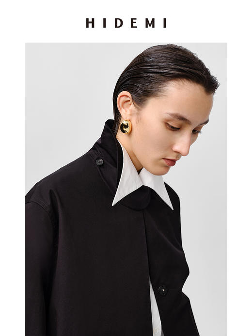 HIDEMI高密自然棉翻领短款风衣套装 外套/阔腿裤 黑色 海鸥灰绿 商品图8