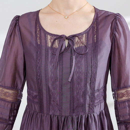 纯色薄款中长裙，蕾丝网纱拼结裙A字裙七分中袖连衣裙QYM-TYH-PD2227-Y 商品图3