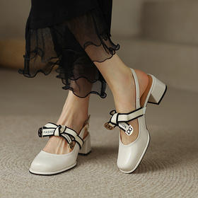 一字带蝴蝶结，方头粗跟高跟鞋YF-D20106-2