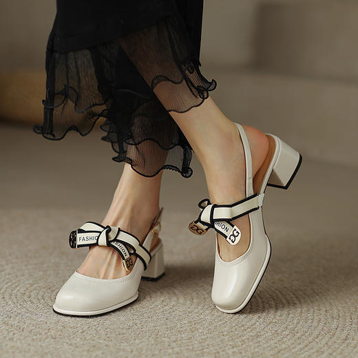 一字带蝴蝶结，方头粗跟高跟鞋YF-D20106-2 商品图0