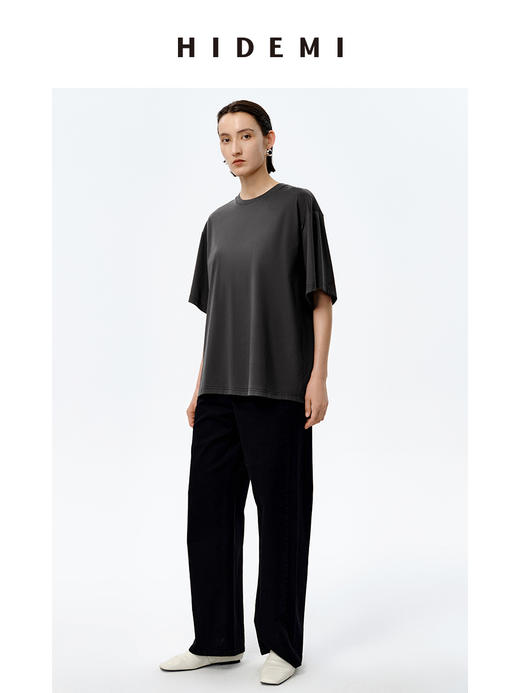 HIDEMI 自然棉系列廓形宽松短袖T恤 白色/深灰/豆乳色/巧克力色 商品图11