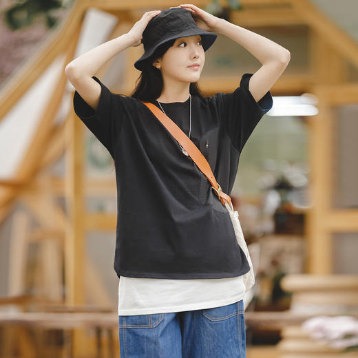 马登女装美式复古黑色纯棉t恤圆领套头机能口袋拉链短袖上衣春夏 商品图2